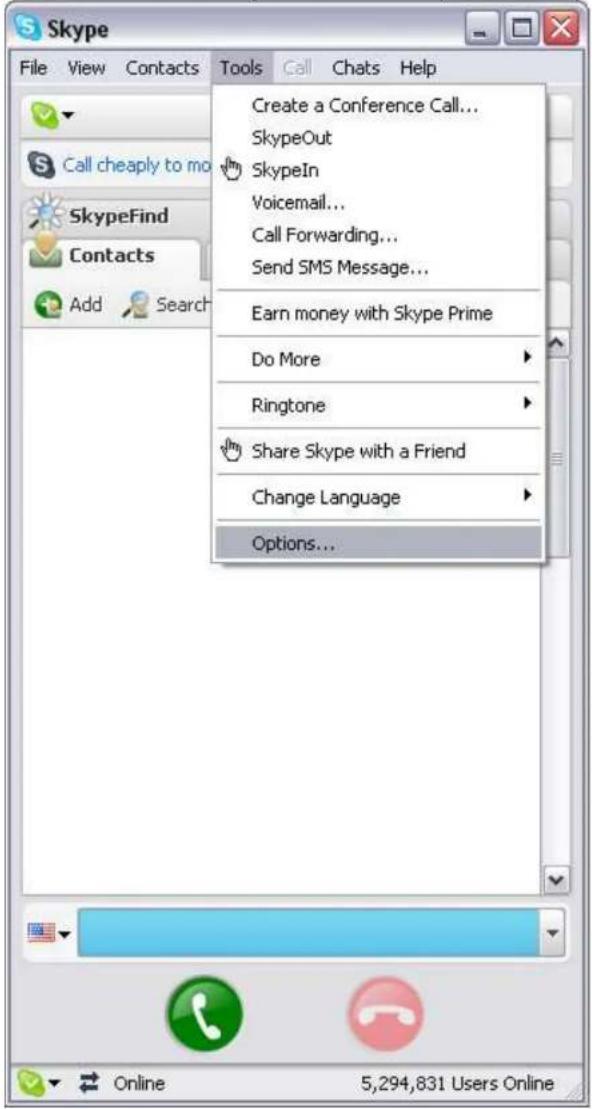 Skype File View Contacts Tools Call Chats Help Create a Conference Call... SkypeOut SkypeIn Voicemail... Call Forwarding... Send SMS Message... Earn money with Skype Prime Do More Ringtone Share Skype with a Friend Change Language Options...