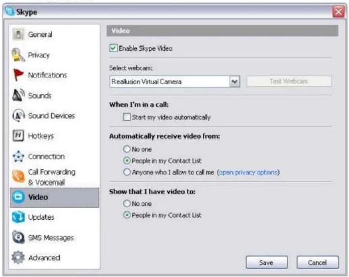 Skype General Privacy Notifications Sounds Sound Devices Hotkeys Connection Call Forwarding & Voicemail Video Updates SMS Messages Advanced Video Enable Skype Video Select webcam: Reallusion Virtual Camera Test Webcam When I'm in a call: Start my video automatically Automatically receive video from: No one People in my Contact List Anyone who I allow to call me (open privacy options) Show that I have video to: No one People in my Contact List Save Cancel