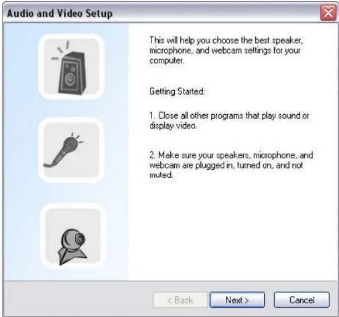 Audio and Video Setup This will help you choose the best speaker, microphone, and webcam settings for your computer. Getting Started: 1. Close all other programs that play sound or display video. 2. Make sure your speakers, microphone, and webcam are plugged in, turned on, and not muted. < Back Next > Cancel