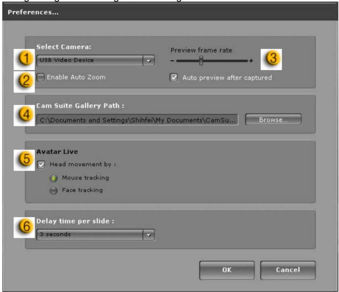 Preferences... Select Camera: USB Video Device Enable Auto Zoom Preview frame rate - Auto preview after captured Cam Suite Gallery Path : C:\Documents and Settings\Shihfei\My Documents\CamSu... Browse... Avatar Live Head movement by : Mouse tracking Face tracking Delay time per slide : 3 seconds OK Cancel