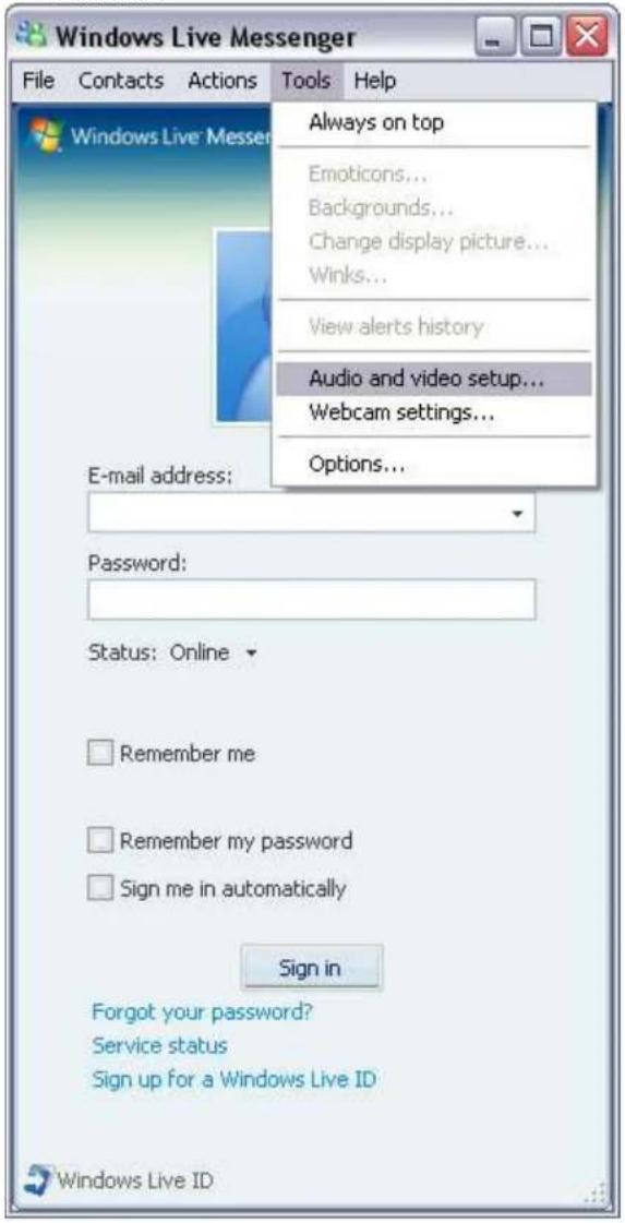 Windows Live Messenger File Contacts Actions Tools Help Always on top Emoticons... Backgrounds... Change display picture... Winks... View alerts history Audio and video setup... Webcam settings... Options... E-mail address: Password: Status: Online Remember me Remember my password Sign me in automatically Sign in Forgot your password? Service status Sign up for a Windows Live ID Windows Live ID