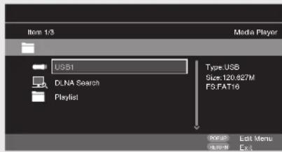 Item 1/3 Media Player USB1 Type USB Size: 120.427M F5.FAT16 DNA Search Playlist Edit Menu Exit