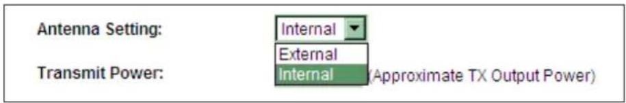 Antenna Setting: Internal External Transmit Power: Internal (Approximate TX Output Power)
