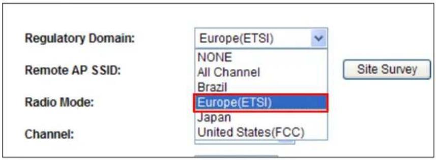 Regulatory Domain: Europe(ETSI) NONE Remote AP SSID: All Channel Brazil Radio Mode: Europe(ETSI) Japan Channel: United States(FCC) Site Survey