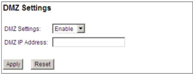 DMZ Settings DMZ Settings: Enable DMZ IP Address: Apply Reset