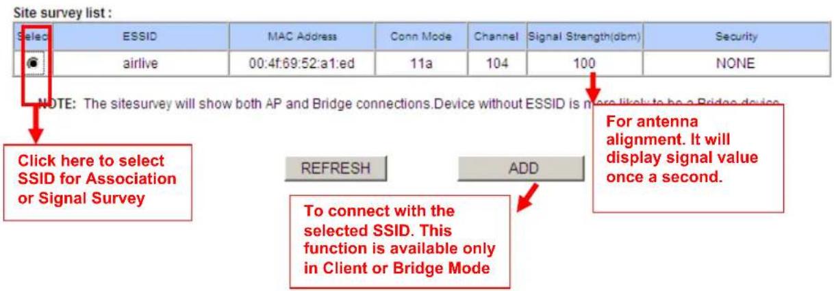 Site survey list : Select ESSID MAC Address Conn Mode Channel Signal Strength(dbm) Security airlive 00:4f:69:52:a1:ed 11a 104 100 NONE NOTE: The sitesurvey will show both AP and Bridge connections.Device without ESSID is more likely to be a Bridge device. Click here to select SSID for Association or Signal Survey REFRESH ADD To connect with the selected SSID. This function is available only in Client or Bridge Mode For antenna alignment. It will display signal value once a second.