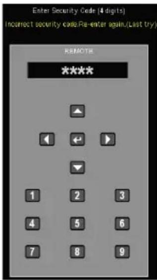 Enter Security Code (4 digits) Incorrect security code.Re-enter again.(Last try) REMOTE **** ▲ ◄ ← ▶ ▼ 1 2 3 4 5 6 7 8 9