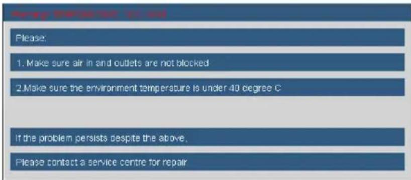 Please: 1. Make sure air in and outlets are not blocked 2. Make sure the environment temperature is under 40 degree C If the problem persists despite the above, Please contact a service centre for repair