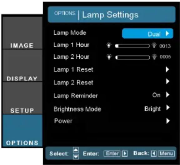 OPTIONS | Lamp Settings Lamp Mode Dual ▶ Lamp 1 Hour 0013 Lamp 2 Hour 0005 Lamp 1 Reset Lamp 2 Reset Lamp Reminder On ▶ Brightness Mode Bright ▶ Power ▶ DISPLAY SETUP OPTIONS Select: Enter: Enter ▶ Back: ▶ Menu