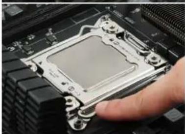 Close-up of a hand holding a CPU socket on a motherboard (no visible text or symbols)