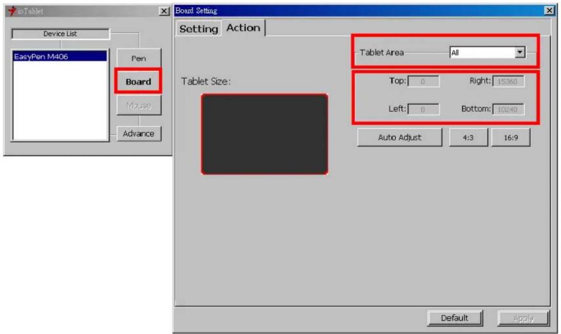 IoTablet Device List EasyPen M406 Pen Board Mouse Advance Board Setting Setting Action Tablet Area All Tablet Size: Top: 0 Right: 15360 Left: 0 Bottom: 10240 Auto Adjust 4:3 16:9 Default Apply