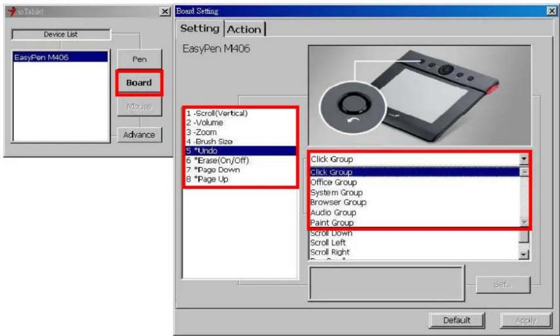 to Tablet Device List Pen EasyPen M406 Board Mouse Advance Board Setting Setting | Action | EasyPen M406 1 -Scroll(Vertical) 2 -Volume 3 -Zoom 4 -Brush Size 5 "Undo" 6 *Erase(On/Off) 7 *Page Down 8 *Page Up Click Group Click Group Office Group System Group Browser Group Audio Group Paint Group Scroll Down Scroll Left Scroll Right Set... Default Apply
