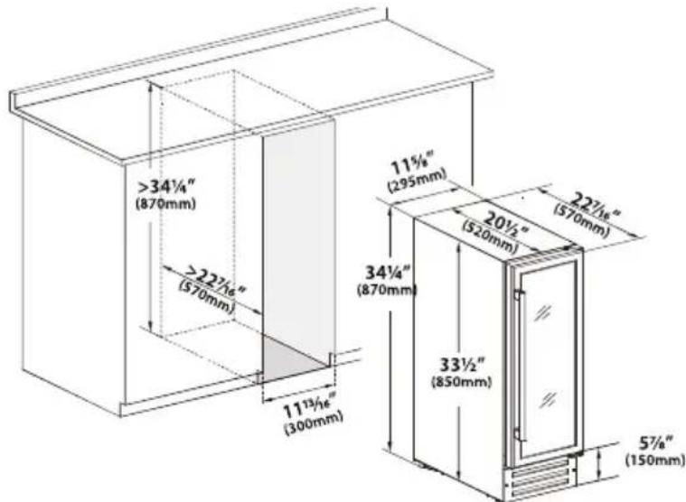 >34¼″ (870mm) >22½″ (570mm) 11½″ (295mm) 34¼″ (870mm) 33½″ (850mm) 20½″ (520mm) 22½″ (570mm) 5½″ (150mm)