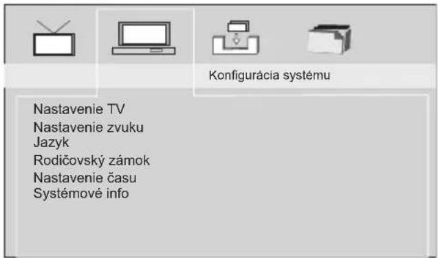 Konfigurácia systému Nastavenie TV Nastavenie zvuku Jazyk Rodičovský zámok Nastavenie času Systémové info