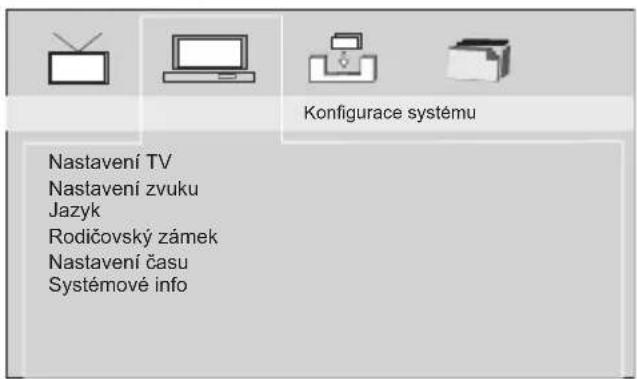 Konfigurace systému Nastavení TV Nastavení zvuku Jazyk Rodičovský zámek Nastavení času Systémové info