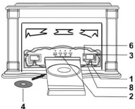 Technical diagram of a device with numbered parts labeled 1 to 8, showing internal components and connections.