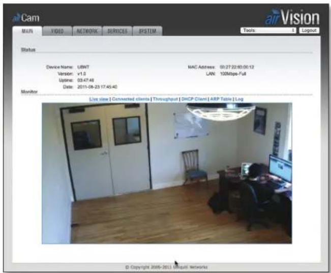 airCam MAIN VIDEO NETWORK SERVICES SYSTEM Status Device Name: USBT Version: v1.0 Update: 03:47:48 Date: 2011-08-23 17:45:40 NAC Address: 59:27:22:40:00:12 LAN: 100Mbps-Full Monitor Live view | Connected clients | Throughput | DHCP Client | ARP Table | Log © Copyright 2006-2013 AirQunl Networks