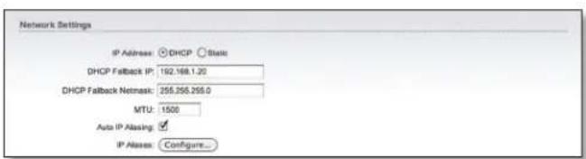 Network Settings IP Address: DHCP Static DHCP Fallback IP: 192.168.1.20 DHCP Fallback Netmask: 255.255.255.0 MTU: 1500 Auto IP Alasing: ✓ IP Alases: Configure...