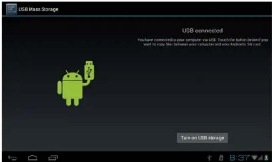 USB Mass Storage USB connected You have connected to your computer via USB. Touch the button below if you want to copy files between your computer and your Android's SD card Turn on USB storage