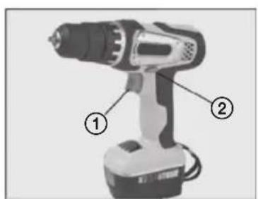 Diagram of a handheld electric drill with labeled parts ① and ②