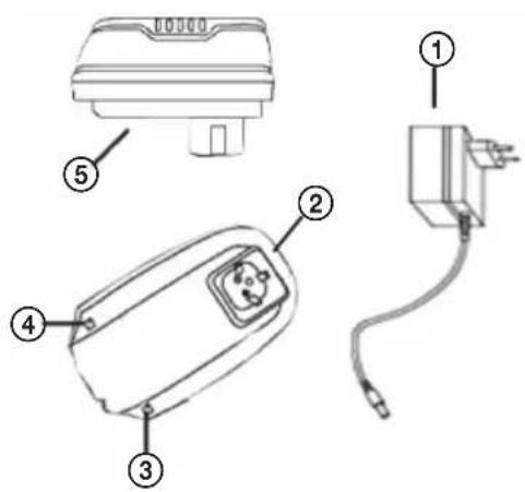Diagram of an electrical device with numbered parts, including a top view and cable connections.