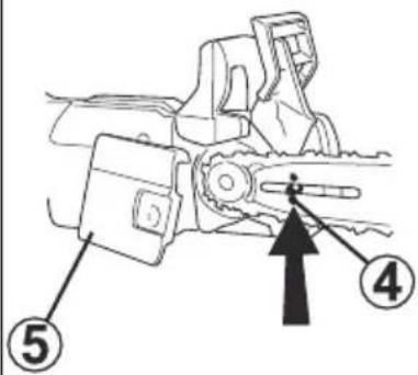 Technical diagram of a mechanical assembly with numbered parts and an arrow indicating direction or force
