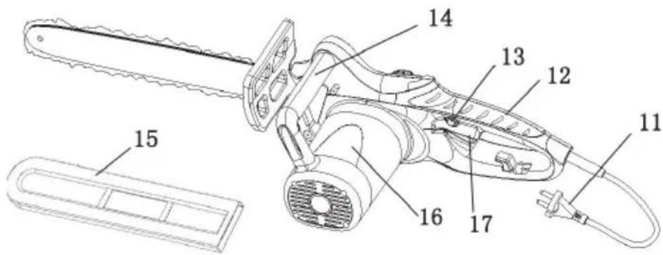 Technical diagram of a chain saw with numbered parts labeled for identification
