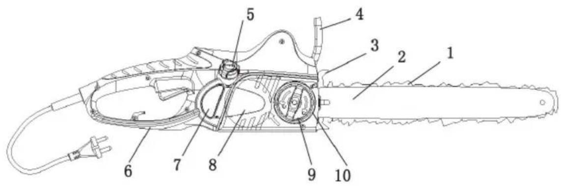 Technical diagram of a chain saw with numbered parts for identification