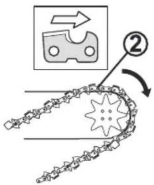 Diagram illustrating a mechanical chain with labeled components and directional arrows, including a magnified inset showing motion or assembly.
