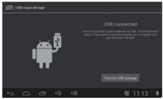 USB mass storage USB connected You've connected to your computer via USB. Touch the button before if you want to copy files between your computer and your Android's 50 users. Turn on USB storage