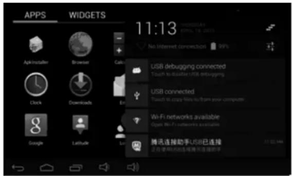 APPS WIDGETS 11:13 No internet connection Apkinsatlan Browser Call USB debugging connected Touch to discontinue USB debugging Clock Downloads En USB connected Touch to copy files to/from your computer Wi-Fi networks available Open Wi-Fi outwerts available Google Latitude Lo 腾讯连接助手USB已连接 这些使用状态连接腾讯连接助手 57 02:44