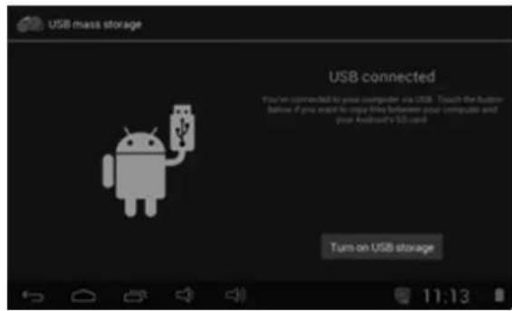 USB mass storage USB connected You're connected to your computer via USB. Touch the button below if you want to copy files between your computers and your Android's 50 card. Turn on USB storage