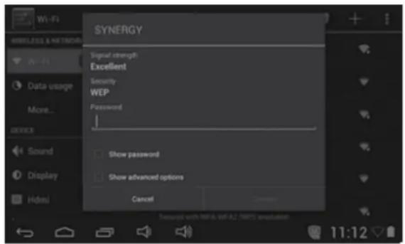 SYNERGY Signal strength Excellent Security WEP Password Show password Show advanced options Cancel Description with WEP & WEP2 (WEP's metadata) 11:12