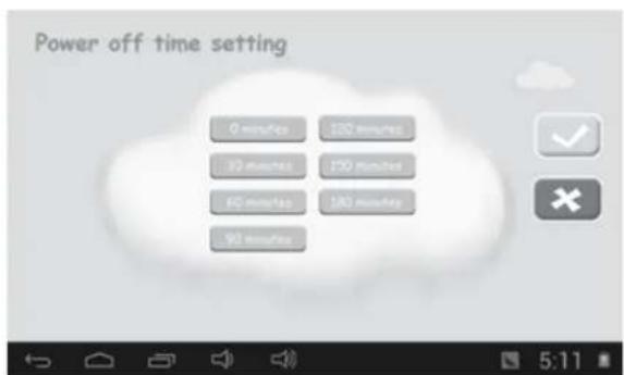 Power off time setting 0 minutes 120 minutes 10 minutes 150 minutes 150 minutes 180 minutes 90 minutes