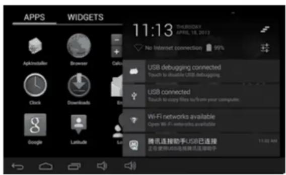 APPS WIDGETS 11:13 THURSDAY APRIL 18, 2017 No Internet connection 95% Apknotifier Browser Call USB debugging connected Touch to disable USB debugging. Clock Downloads En USB connected Touch to easy files to/from your computer Wi-Fi networks available Open Wi-Fi enter-prints available Google Latitude Lo 腾讯连接助手USB已连接 正在使用USB连接腾讯连接助手 11:02 AM
