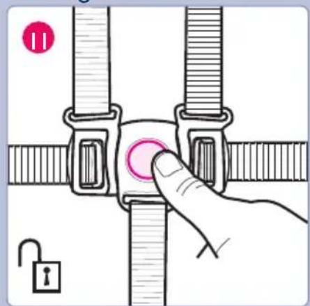 Diagram showing a hand pressing a button on a belt buckle, with a lock icon and a red circle highlighting the button.