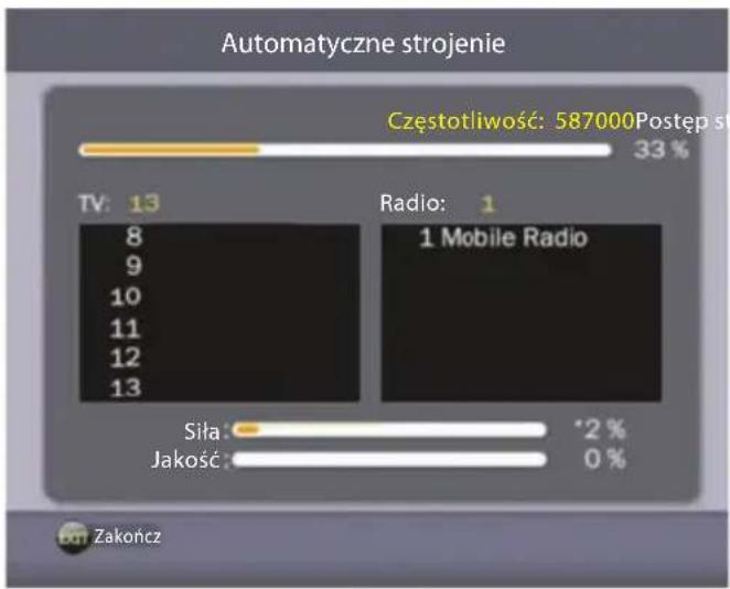 Automatyczne strojenie Częstotliwość: 587000Postęp st 33 % TV: 13 Radio: 1 8 9 10 11 12 13 1 Mobile Radio Siła: Jakość: *2 % 0 % Zakończ