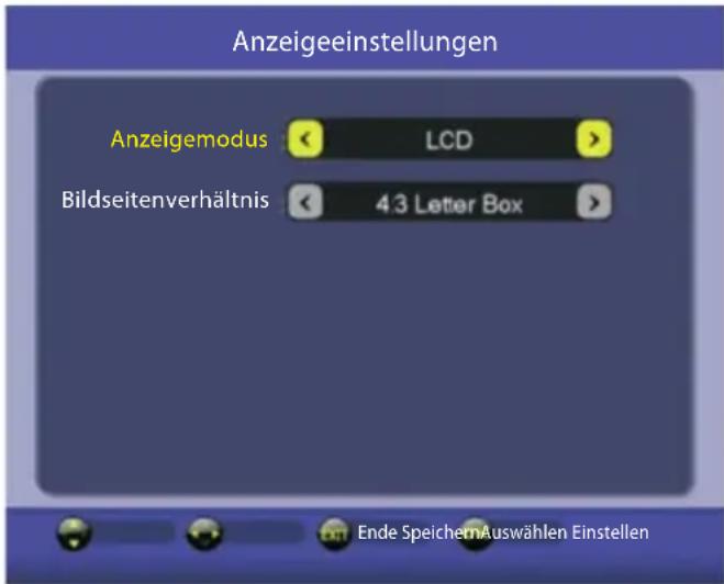 Anzeigeeinstellungen Anzeigemodus LCD Bildseitenverhältnis 4.3 Letter Box Ende Speichern Auswählen Einstellen