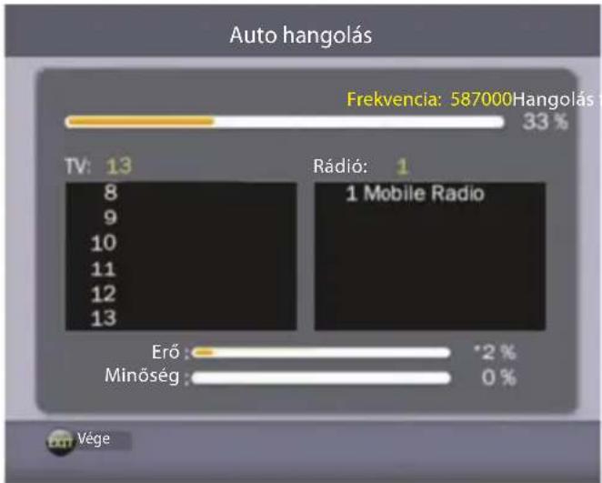 Auto hangolás Frekvencia: 587000Hangolás 33 % TV: 13 Rádió: 1 8 9 10 11 12 13 1 Mobile Radio Erő : 2 % Minőség : 0 % Vége