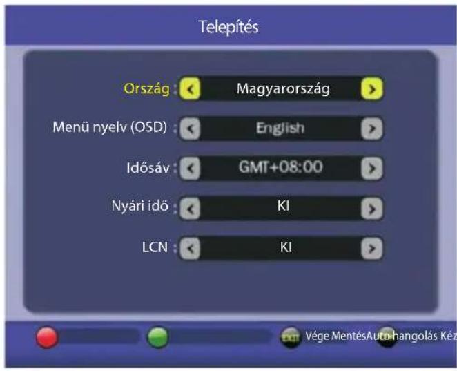 Telepítés Ország : < Magyarország > Menü nyelv (OSD) : < English > Idősáv : < GMT+08:00 > Nyári idő : < KI > LCN : < KI >