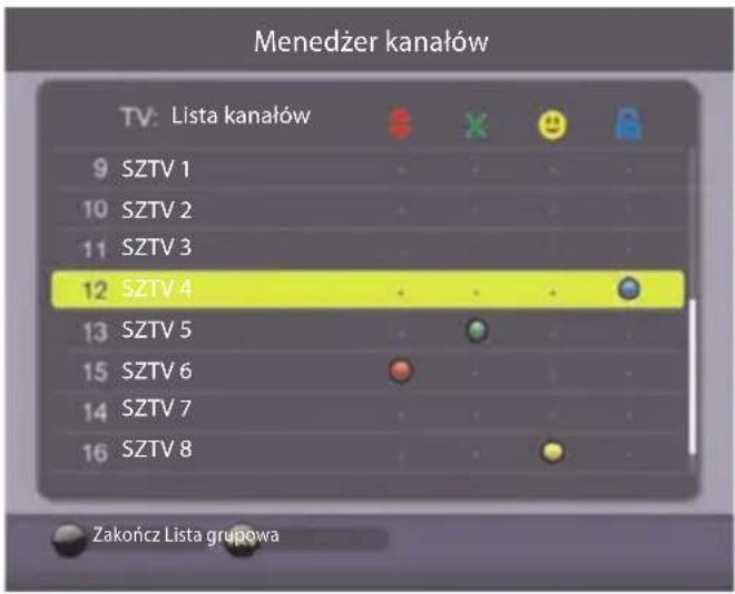 Menedżer kanałów TV: Lista kanałów 9 SZTV 1 10 SZTV 2 11 SZTV 3 12 SZTV 4 13 SZTV 5 15 SZTV 6 14 SZTV 7 16 SZTV 8 Zakończ Lista grupowa