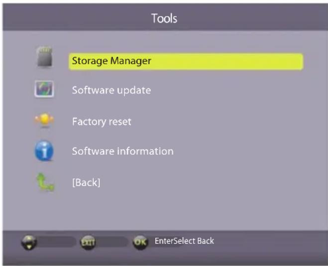 Tools Storage Manager Software update Factory reset Software information [Back] EnterSelect Back