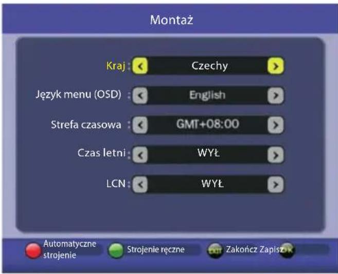 Montaż Kraj : < Czechy > Język menu (OSD) : < English > Strefa czasowa : < GMT+08:00 > Czas letni : < WYL > LCN : < WYL > Automatyczne strojenie Strojenie ręczne Zakończ Zapisz