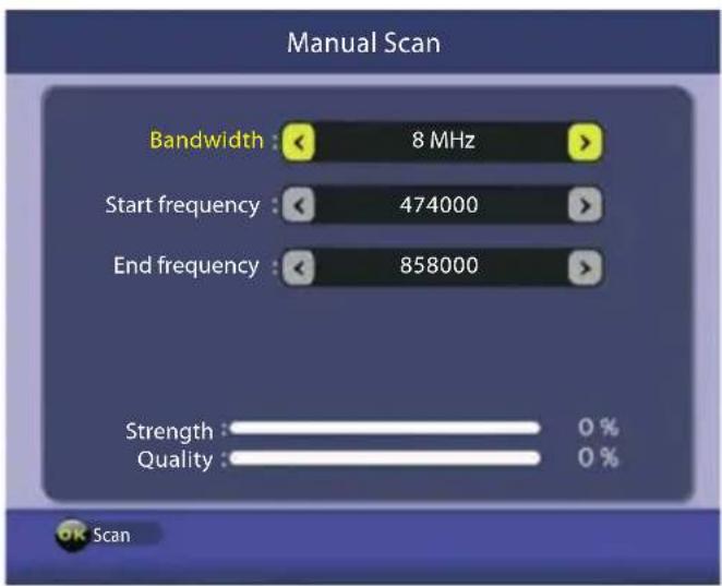 Manual Scan Bandwidth : 8 MHz Start frequency : 474000 End frequency : 858000 Strength : 0 % Quality : 0 %