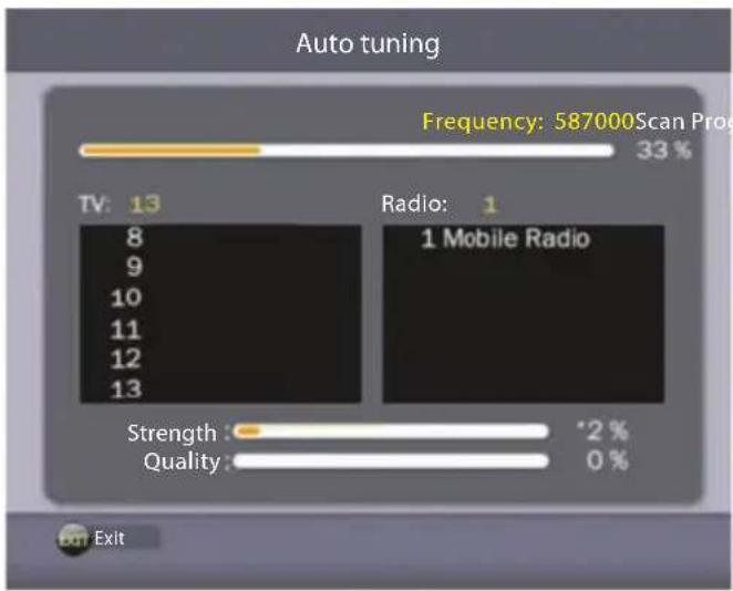 Auto tuning Frequency: 587000Scan Pro 33 % TV: 13 Radio: 1 8 9 10 11 12 13 1 Mobile Radio Strength : 2 % Quality : 0 % Exit