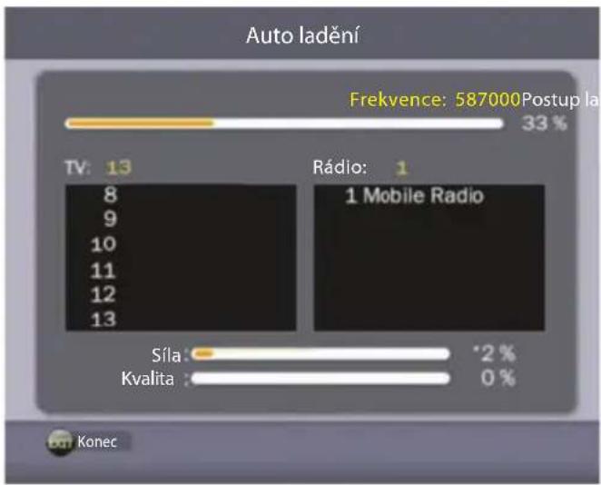 Auto ladění Frekvence: 587000 Postup la 33 % TV: 13 Rádio: 1 8 9 10 11 12 13 1 Mobile Radio Síla : 2 % Kvalita : 0 % Konec