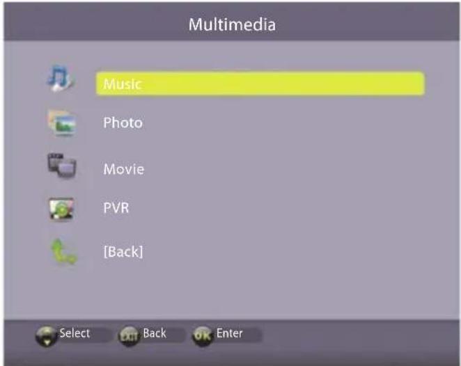 Multimedia Music Photo Movie PVR [Back] Select Back Enter