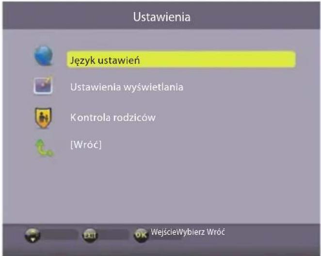 Ustawienia Język ustawień Ustawienia wyświetlania Kontrola rodziców [Wróć] WejścieWybierz Wróć