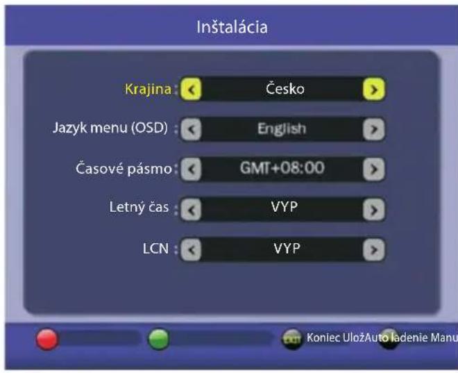Inštalácia Krajina: Česko Jazyk menu (OSD): English Časové pásmo: GMT+08:00 Letný čas: VYP LCN: VYP Koniec UložAuto ladenie Manu