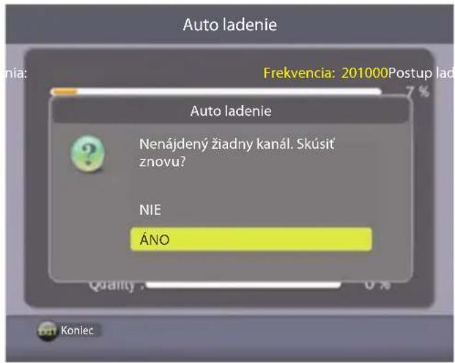 Auto ladenie Nenájdený žiadny kanál. Skúsít' znovu? NIE ÁNO Frekvencia: 201000Postup lad 7% Quality : 0 % Konlec